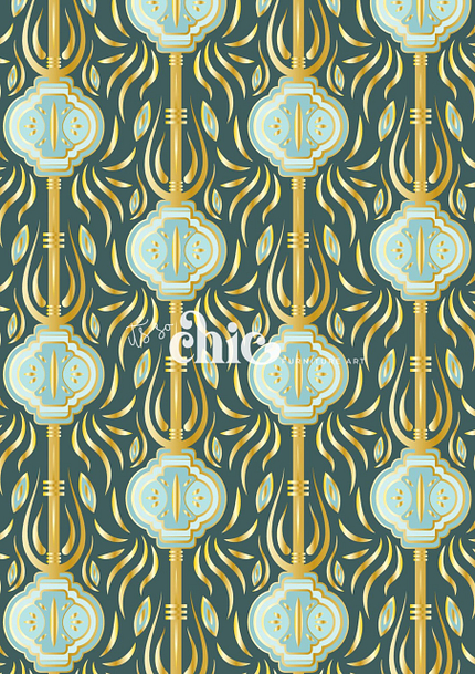 The Decoupage Paper from It’s So Chic Furniture Art showcases an intricate pattern of abstract, symmetrical floral designs in shades of yellow, light blue, and green, with wavy, leaf-like elements interwoven among them, all set against a dark green background.