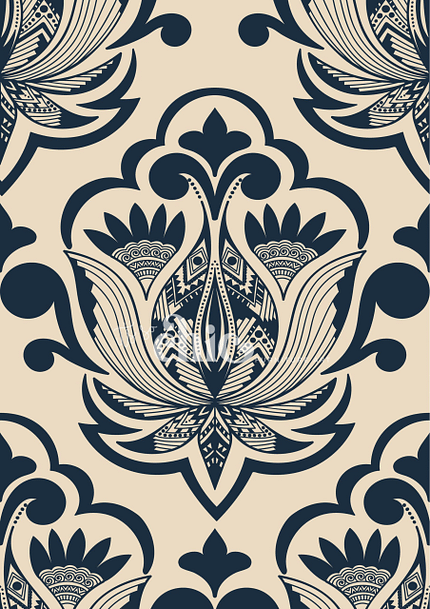 A detailed black and beige floral pattern featuring symmetrical, ornate flower designs with intricate geometric details. The repeating motif creates an elegant and sophisticated texture, reminiscent of traditional prints and suitable for wallpaper or fabric designs. Introducing our Decoupage Paper from It's So Chic Furniture Art - the perfect African Tribal Decoupage in sizes A1, A2, and A3 for all your craft projects.