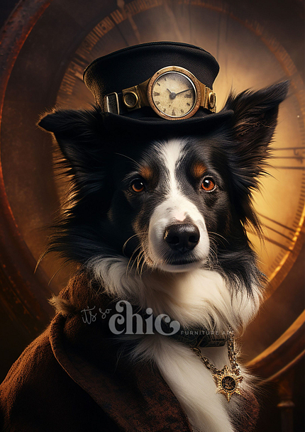 A dog adorned in a vintage leather top hat with a clock on the front and a brown coat sits before an oversized, blurred clock face. The backdrop radiates a warm, nostalgic glow, enhancing the steampunk vibe of the scene. The text "It's So Chic" is displayed at the bottom, reminiscent of Decoupage Paper | Craft Paper | African Tribal Decoupage | A1/A2/A3 | It’s So Chic Furniture Art.