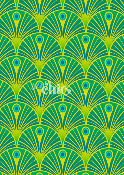 An abstract pattern featuring a repeating fan-like design in green and yellow, resembling peacock feathers. Each fan has a blue eye at the center, arranged symmetrically across the image. The vibrant colors create a visually striking and ornate effect.