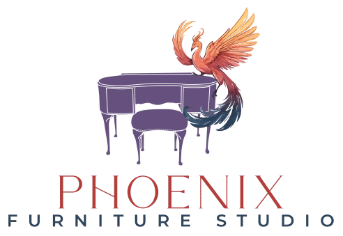 Logo for Phoenix Furniture Studio featuring a stylized purple chair with a vivid, multicolored phoenix rising from it. The word "PHOENIX" is written in large, red capital letters below the chair, with "Furniture Studio" in smaller, blue capital letters underneath.