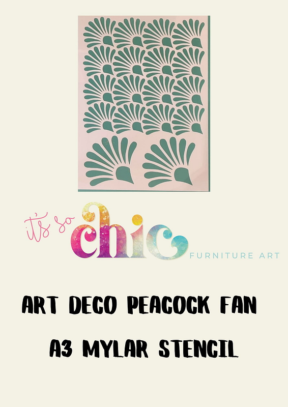 A Mylar stencil featuring a damask duo design is displayed on a beige background. Underneath, text reads "It’s So Chic Furniture Art," followed by "Damask Duo A3 Mylar Stencil" in bold, black lettering.