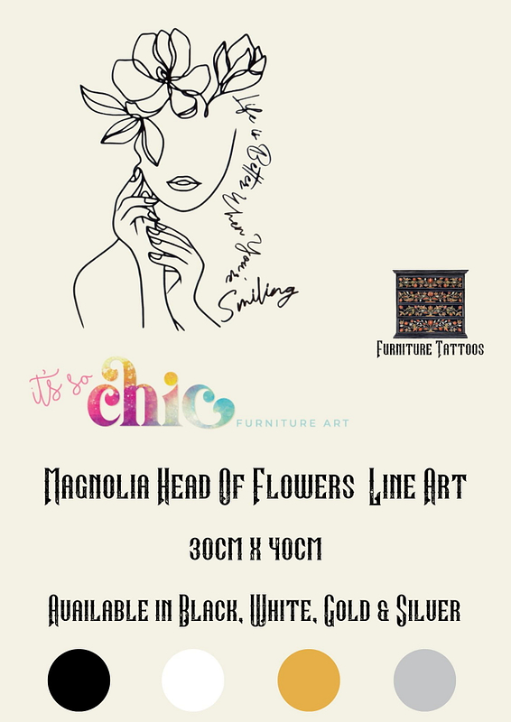 An art advertisement features a minimalist line drawing of a face with flowers on the head, alongside text: "Furniture Tattoos, Vinyl Decals | Damask Set | 30cm x 24 cm & 10cm x 8cm x4. It’s So Chic Furniture Art." Decorative text and logos read "It’s So Chic" and "Furniture Tattoos.