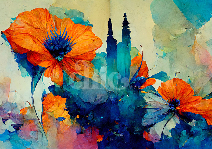 A vibrant watercolor painting, available as Decoupage Paper from Spotty Dog in A1, A2, or A3 sizes, features large red-orange flowers with blue centers and petals. The artwork is set against a blue and teal abstract background, with the silhouette of two tall, pointed structures creating a striking contrast to the soft, flowing floral elements. This piece is part of the It’s So Chic Furniture Art collection.