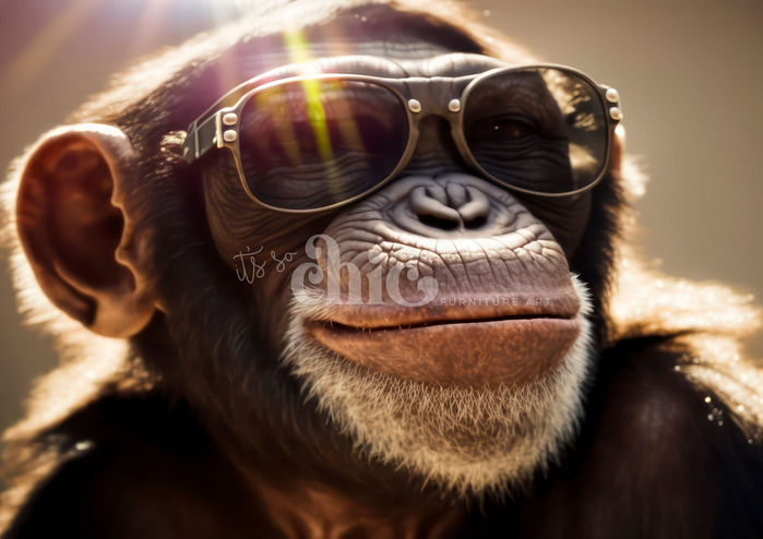 A close-up of a chimpanzee sporting reflective sunglasses and a faint smile, captured in the sunlight that accentuates the glasses, giving off a playful and cool vibe—just like the chic appeal of Mr Sunshine Decoupage Paper from It’s So Chic Furniture Art.