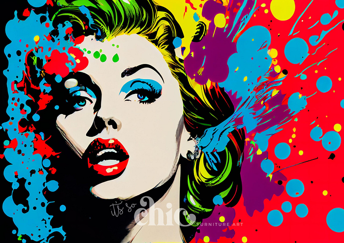 Pop art-style portrait of a woman with green hair, red lips, and vivid, colorful splashes of paint surrounding her. The background features bright shades of blue, yellow, and red, enhancing the dynamic and bold composition. Perfectly captured on Decoupage Paper | Craft Paper | Pop Art Beauty | A1/A2/A3 by It’s So Chic Furniture Art.