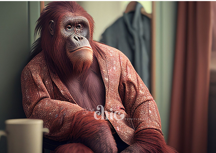 An orangutan sits with a contemplative expression, dressed in a sparkling, copper-toned robe. The background is softly blurred, featuring hints of hanging clothes and a draped curtain. A partially visible white mug graces the foreground. This artistic scene is beautifully encapsulated in the "Decoupage Paper | Craft Paper | Clyde | A1/A2/A3" from It’s So Chic Furniture Art.