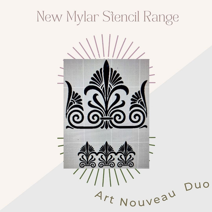 Image featuring the text "New Mylar Stencil Range" at the top and "Leopard Print" at the bottom. Centered are two intricate Leopard Print stencil designs, one larger above the other, with decorative accents radiating outward. The product is named "Mylar Stencils | Leopard Print | A4 | It’s So Chic Furniture Art.