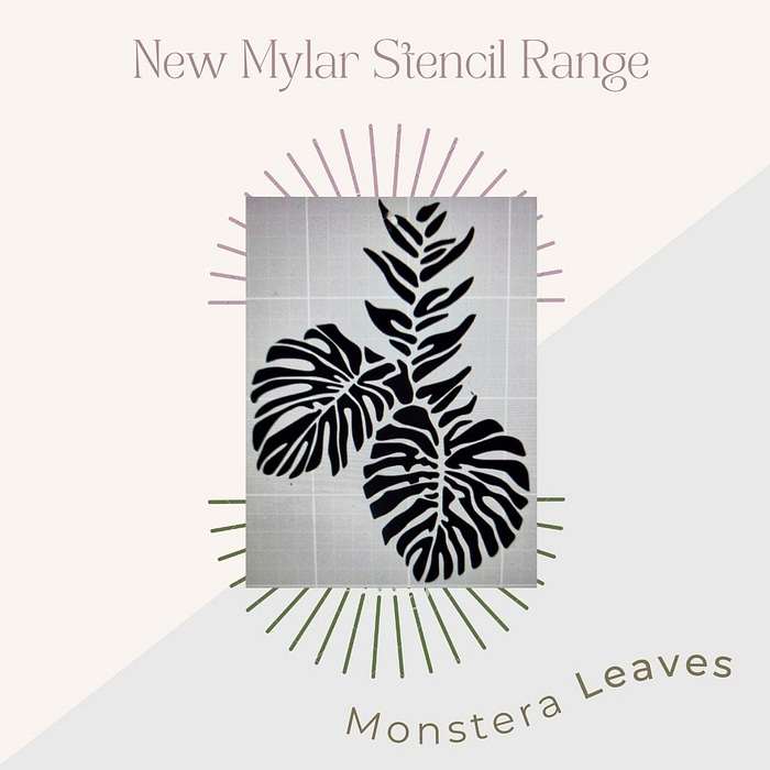 Image of stencil art featuring a leopard print pattern on a white background. The text above the design reads "New Mylar Stencil Range" and below it reads "Leopard Print" with artistic sunburst-like lines in pink and green radiating from the pattern.