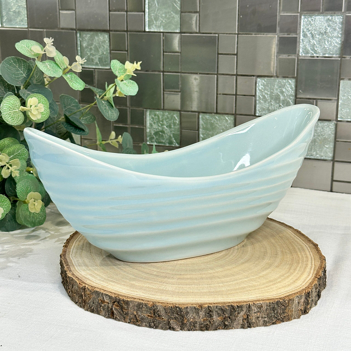 Large Ceramic Canoe Bowl - Blue Ribbed Oval Planter