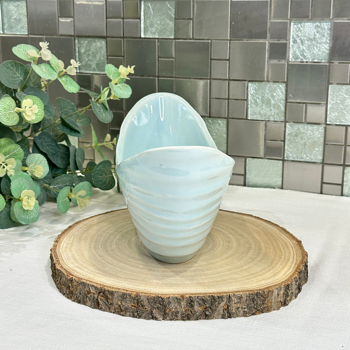 Large Ceramic Canoe Bowl - Blue Ribbed Oval Planter