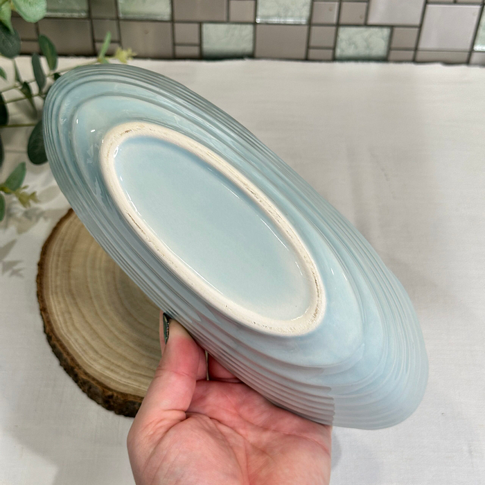 Large Ceramic Canoe Bowl - Blue Ribbed Oval Planter