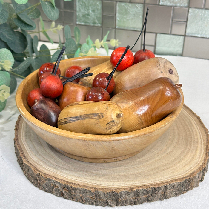 Vintage Hand-Carved Wooden Fruit Bowl with Wood Turned Decorative Fruit