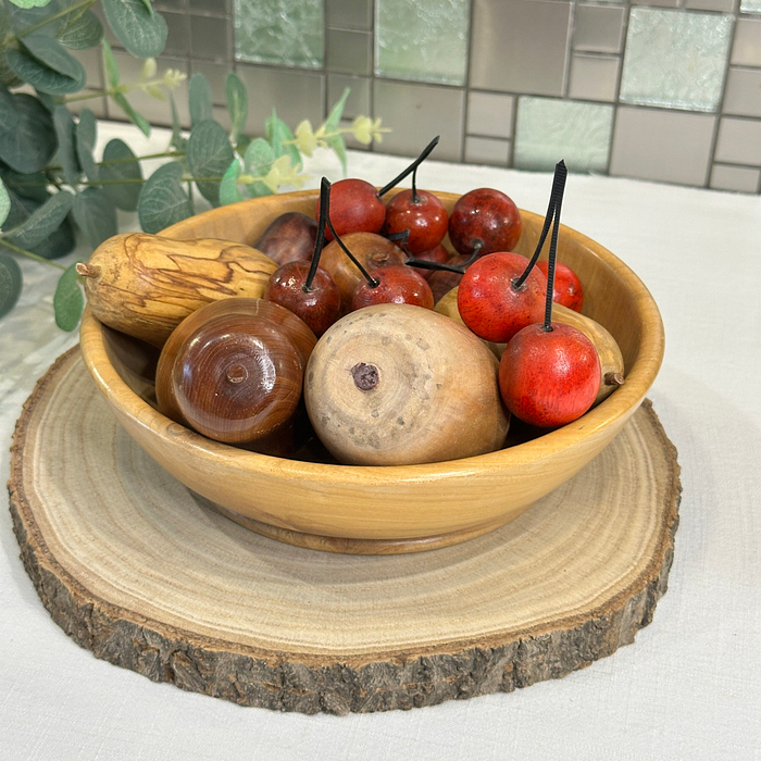 Vintage Hand-Carved Wooden Fruit Bowl with Wood Turned Decorative Fruit