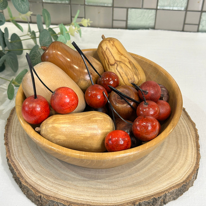 Vintage Hand-Carved Wooden Fruit Bowl with Wood Turned Decorative Fruit