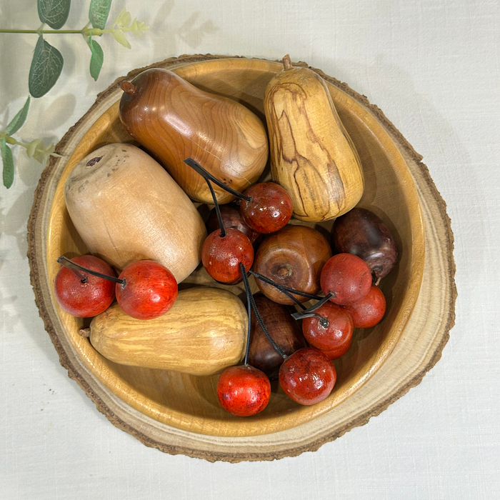 Vintage Hand-Carved Wooden Fruit Bowl with Wood Turned Decorative Fruit