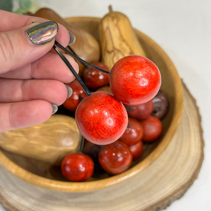 Vintage Hand-Carved Wooden Fruit Bowl with Wood Turned Decorative Fruit