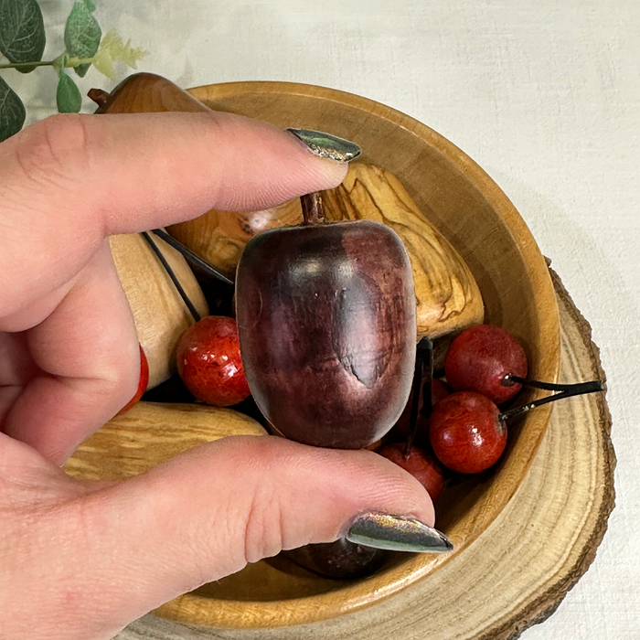 Vintage Hand-Carved Wooden Fruit Bowl with Wood Turned Decorative Fruit