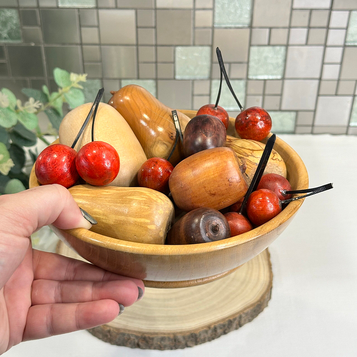 Vintage Hand-Carved Wooden Fruit Bowl with Wood Turned Decorative Fruit