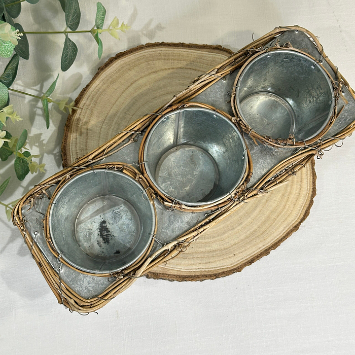 Triple Galvanized Metal Plant Pots with Grapevine Tray - Herb Planter & Utensil Holder