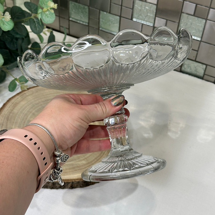 Vintage Glass Cake Stand - Pedestal Dessert Stand with Scalloped Edge