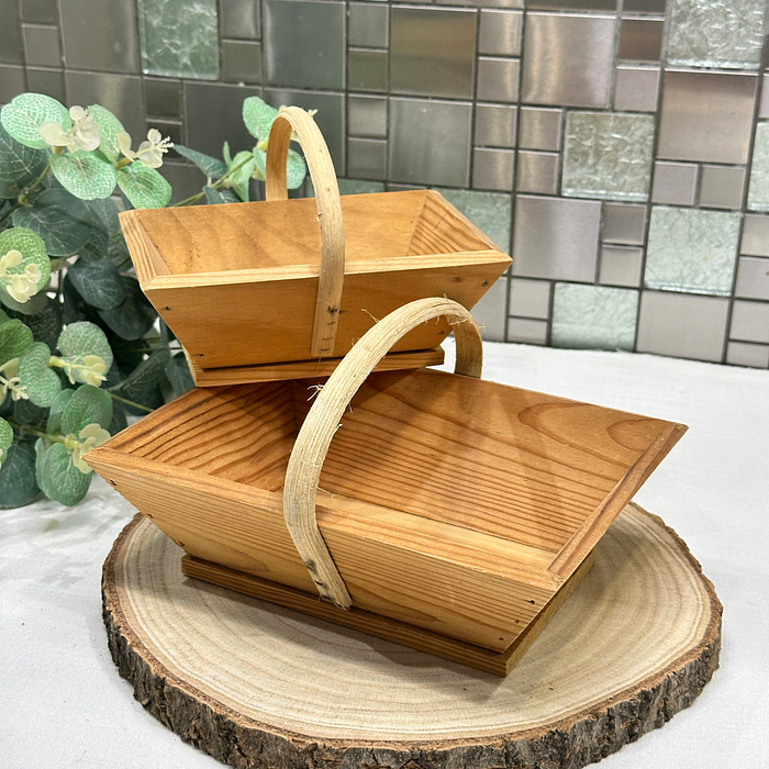 Pair of Vintage French Wooden Baskets with Bentwood Handles