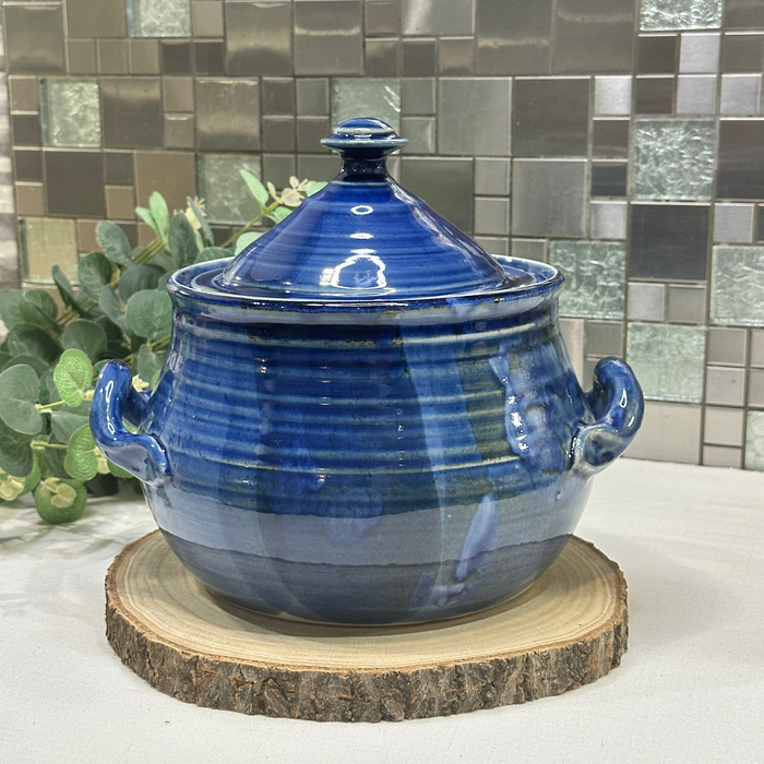 Vintage French Artisan Pottery Tureen - Cobalt Blue Glaze