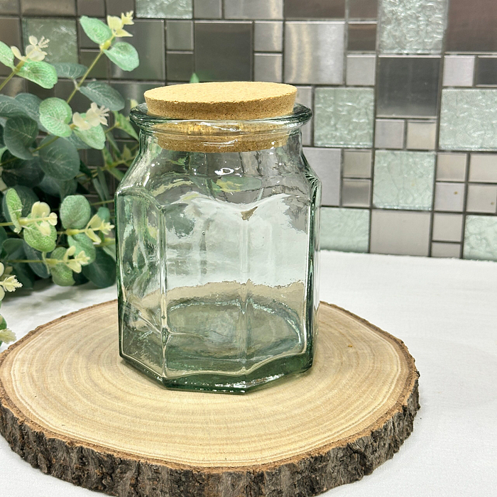 Vintage Green Glass Storage Jar with Cork Lid - Octagonal