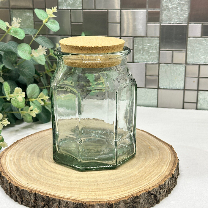 Vintage Green Glass Storage Jar with Cork Lid - Octagonal