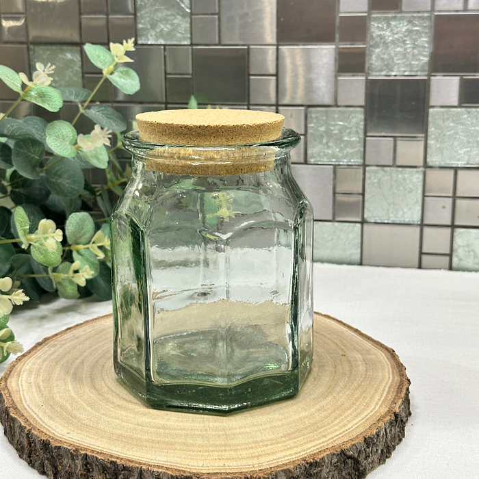 Vintage Green Glass Storage Jar with Cork Lid - Octagonal