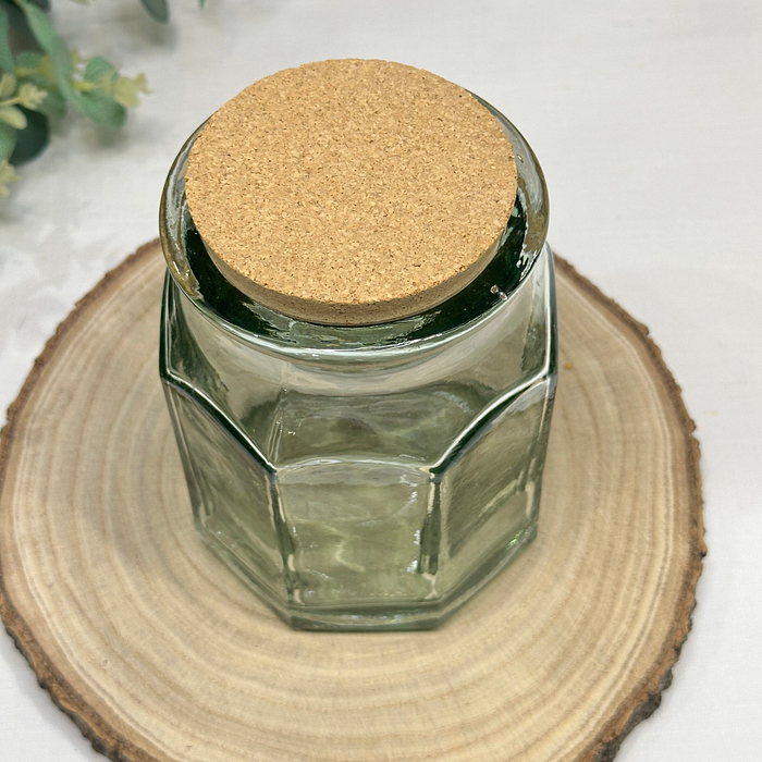 Vintage Green Glass Storage Jar with Cork Lid - Octagonal