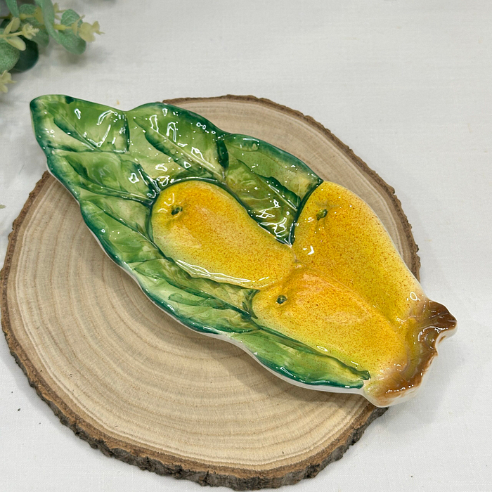 Vintage Italian Majolica Pear Dish - Hand-Painted Ceramic Serving Dish