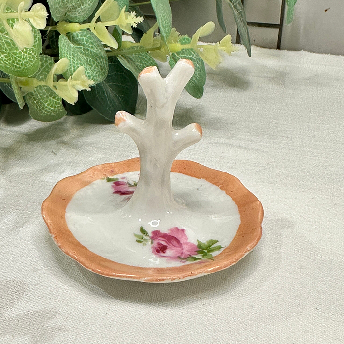 Vintage Porcelain Ring Holder - Floral, Pink Roses, Peach Border