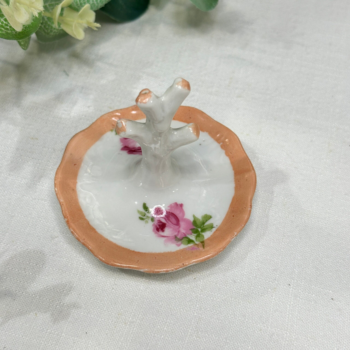 Vintage Porcelain Ring Holder - Floral, Pink Roses, Peach Border