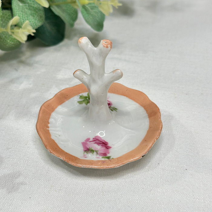 Vintage Porcelain Ring Holder - Floral, Pink Roses, Peach Border