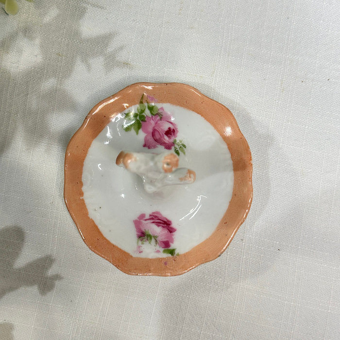 Vintage Porcelain Ring Holder - Floral, Pink Roses, Peach Border