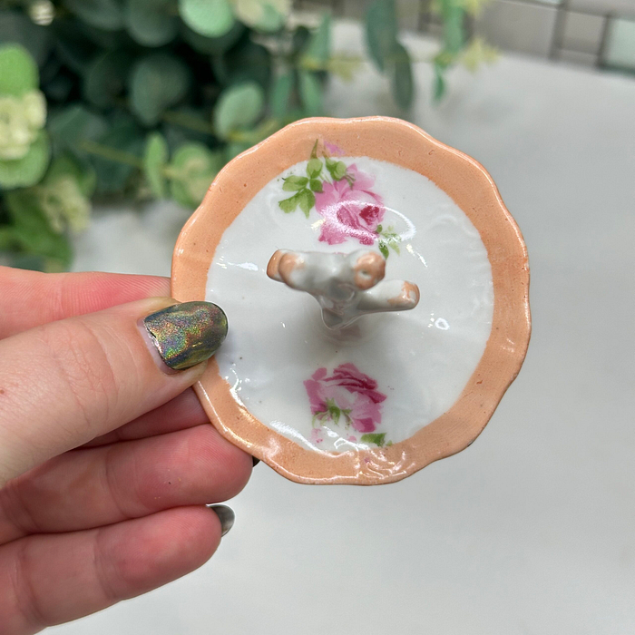 Vintage Porcelain Ring Holder - Floral, Pink Roses, Peach Border