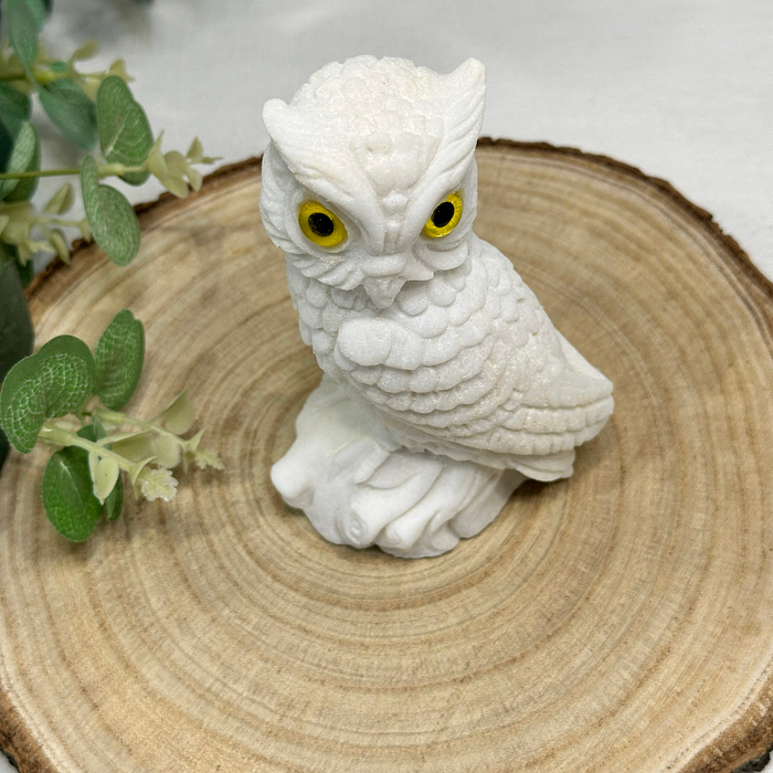 Vintage Italian Sandstone Owl Figurine - White Horned Owl Sculpture