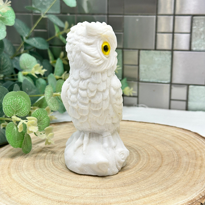 Vintage Italian Sandstone Owl Figurine - White Horned Owl Sculpture