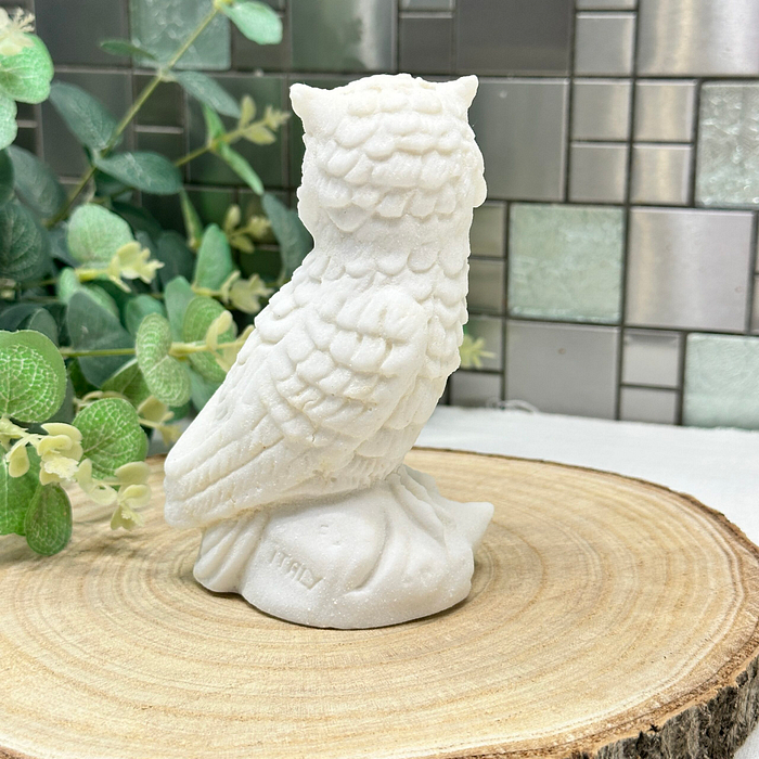 Vintage Italian Sandstone Owl Figurine - White Horned Owl Sculpture