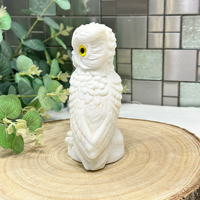 Vintage Italian Sandstone Owl Figurine - White Horned Owl Sculpture