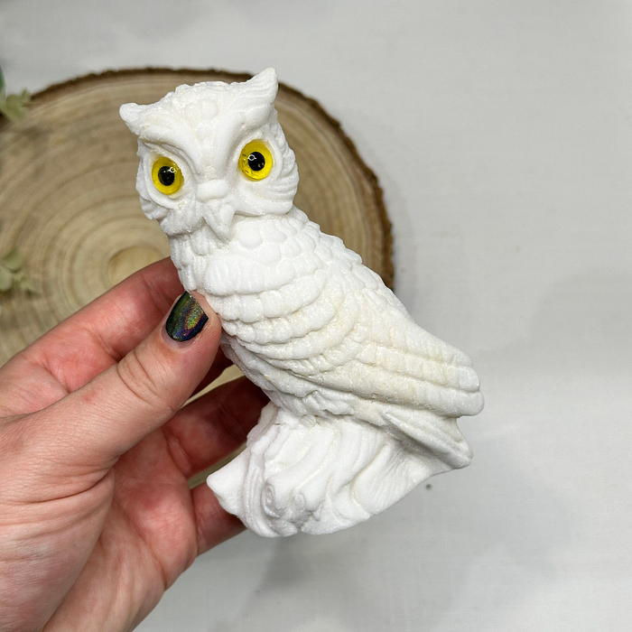 Vintage Italian Sandstone Owl Figurine - White Horned Owl Sculpture