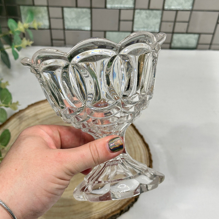 Vintage Pressed Glass Sugar Bowl - Scalloped Rim, Pedestal Dish