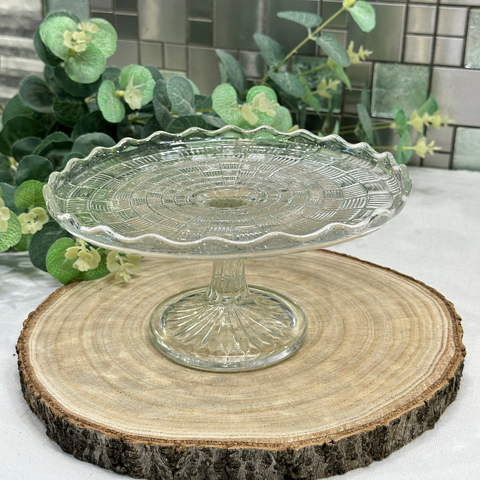 Vintage Glass Cake Stand Small Pressed Glass Basketweave Pattern Display Stand