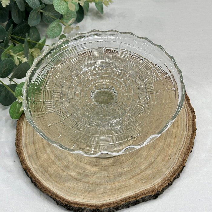 Vintage Glass Cake Stand Small Pressed Glass Basketweave Pattern Display Stand