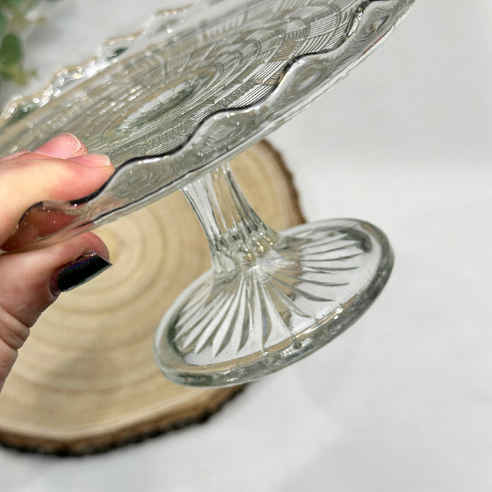 Vintage Glass Cake Stand Small Pressed Glass Basketweave Pattern Display Stand