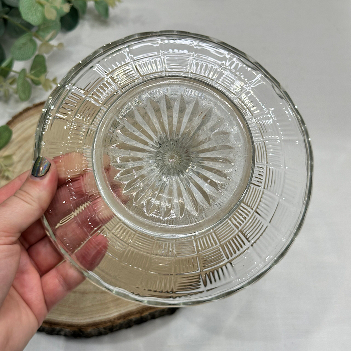 Vintage Glass Cake Stand Small Pressed Glass Basketweave Pattern Display Stand