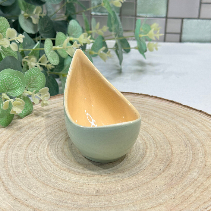 Vintage French Ceramic Lotus Bowl Small Dip Dish Green Yellow Glaze