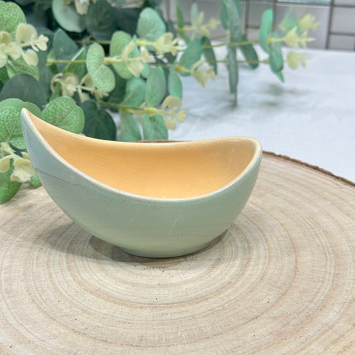 Vintage French Ceramic Lotus Bowl Small Dip Dish Green Yellow Glaze