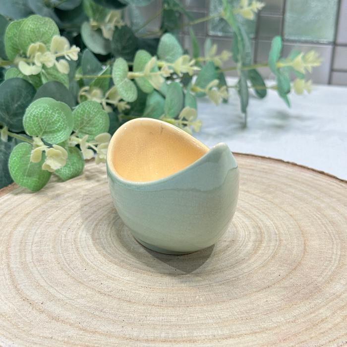 Vintage French Ceramic Lotus Bowl Small Dip Dish Green Yellow Glaze